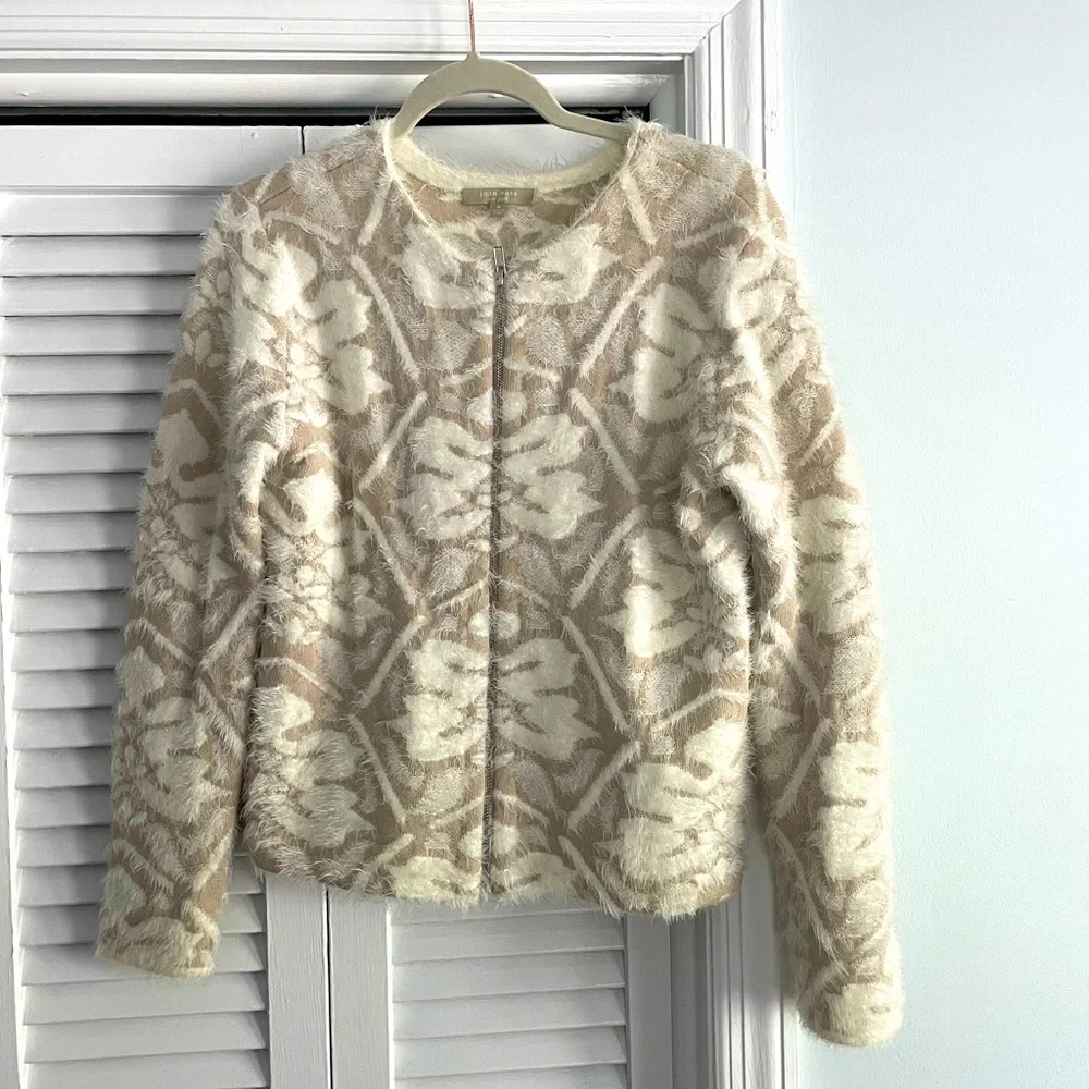 Joan Vass Full Zip Cozy Cardigan Sweater Jacket with White Tan Pattern - Size M